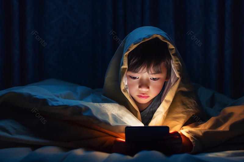 躲在被子下的黑色头发小男孩玩电子产品,高清,摄影图,摄影图片,图片大全,摄影图免费下载